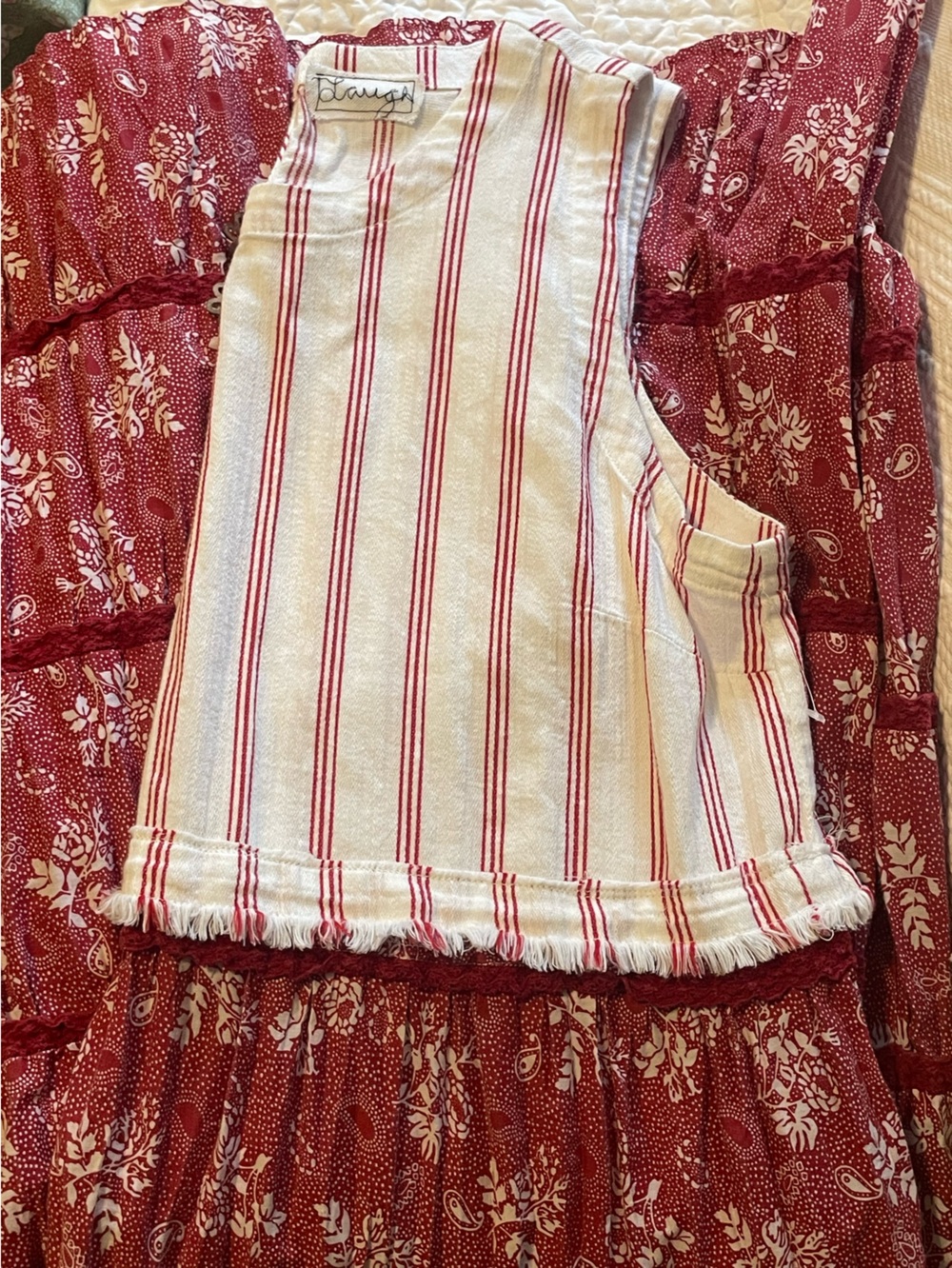 Laugh Bespoke Vintage Upcycled Boho Tiered Red White Maxi Dress Womens XXL - Picture 8 of 15